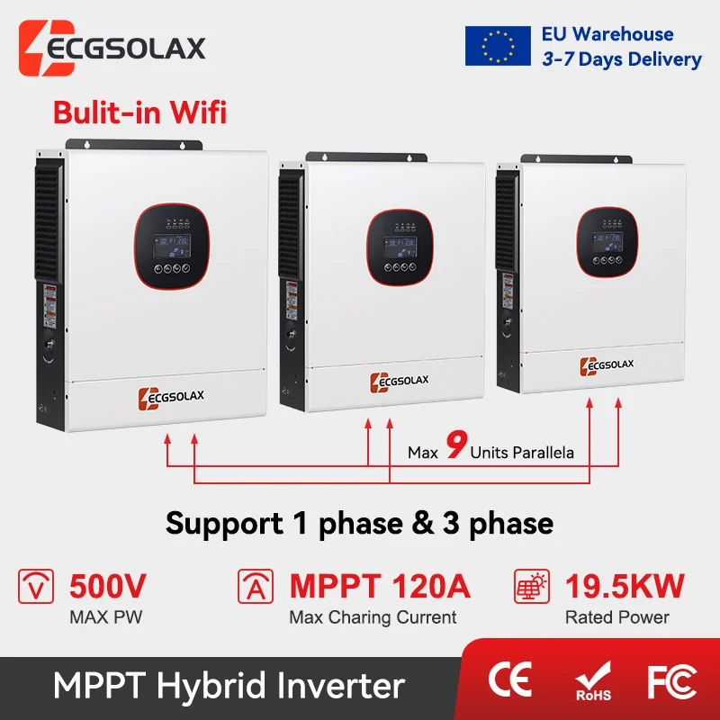 ECGSOLAX Onduleur Solaire Hybride 19.5KW 48V 220Vac avec Contrôleur de Charge MPPT 120A Onduleur Solaire Hors Réseau Parallèle Triphasé 380V