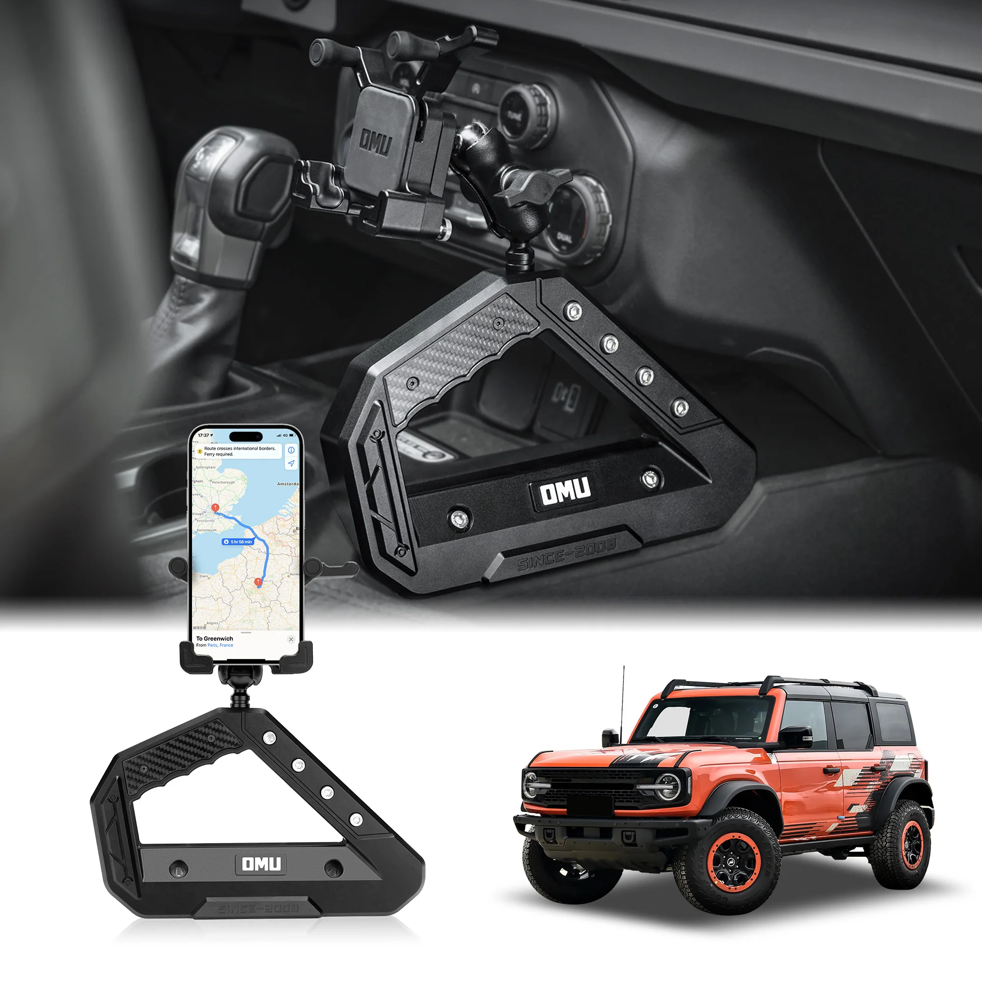 

For Ford Bronco 2021-2024 OMU 4x4 Aluminium Center Console Grab Handle with Phone Holder Adjustable Anti-Shake Stabilizer