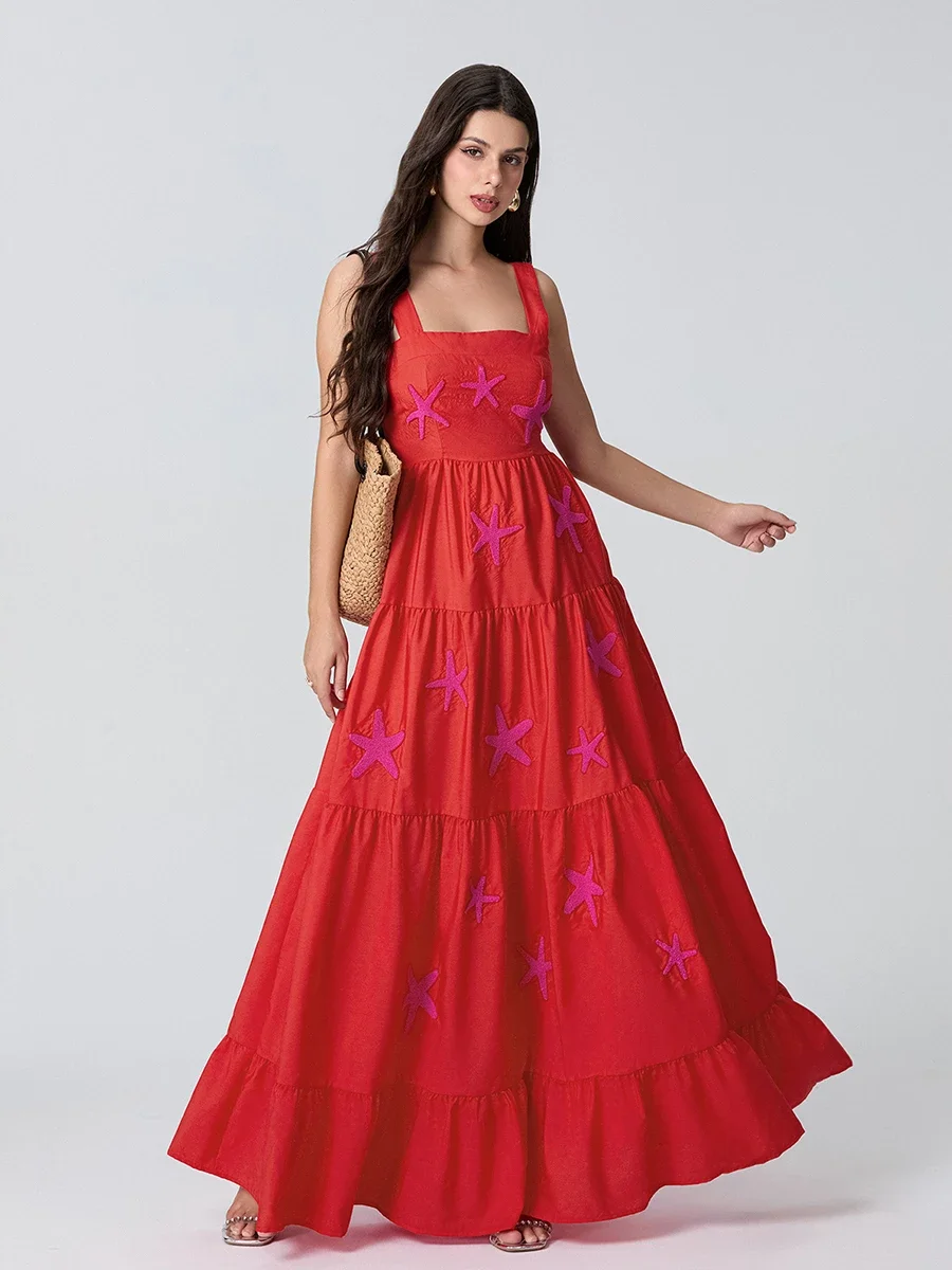 Nova moda feminina vestido de praia longo sem mangas pescoço quadrado bordado em camadas vestido midi deslizamento clube estilo rua venda quente