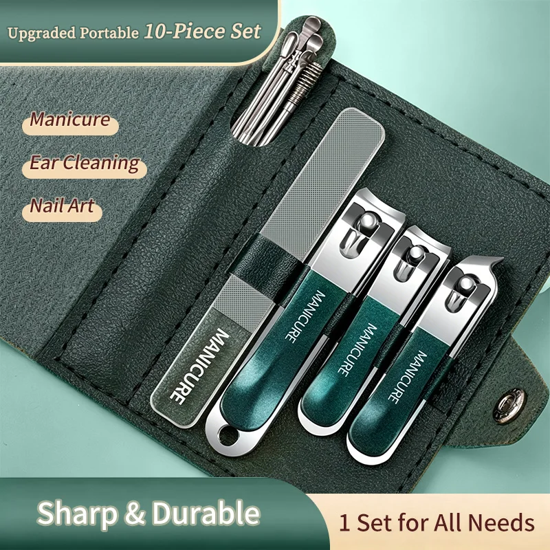 

10pcs Dark Green Manicure And Pedicure Set Includes Nail Clipper Nail File And Ear Pick Portable Storage Case Tool For All Need