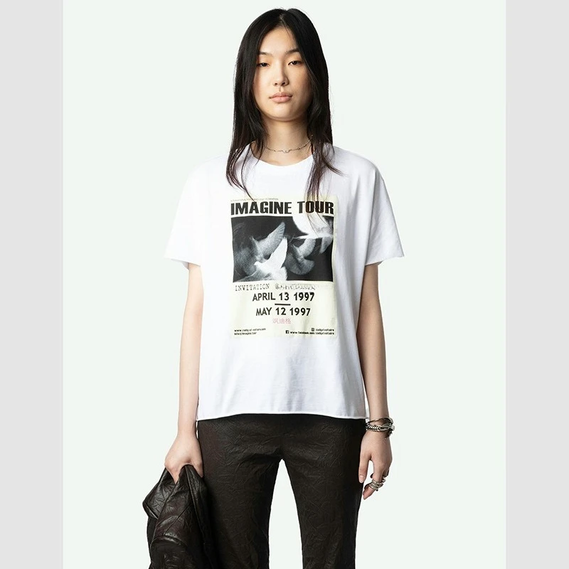 

25. летняя новая французская ниша Peace White Dove с цифровой печатью подол и разрезом, женская футболка с круглым вырезом и короткими рукавами