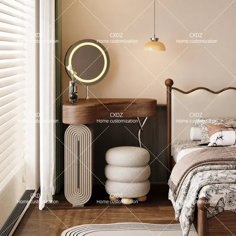 Retro Corner Dresser Bedroom Makeup Table Triangular Vanity for Small Apartment Bay Window Space Saving Storage Furniture