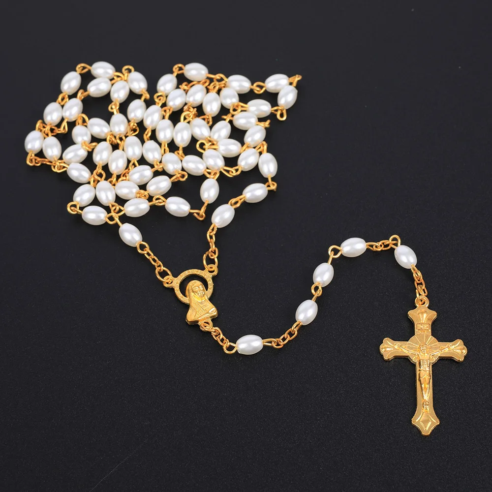 White Oval Pearl Rosary Necklace For Women Catholic Religious Crucifix Cross Pendant Gold Silver Color Chain Men Prayer Jewelry