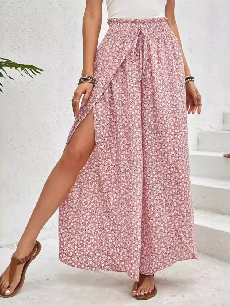 Luźne spodnie damskie Boho Casual Wide Leg Long Pant 2024 Summer New Fashion Floral Side Slit Spódnica z szerokimi nogawkami Kobiety Wakacje na plaży