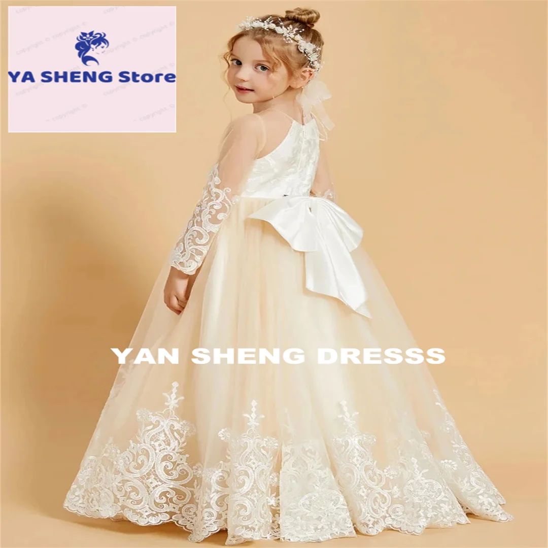 Customized Flower Girl Dress Champagne Tulle Long Sleeve with Lace Appliques White Bow for Wedding Birthday Party Prince