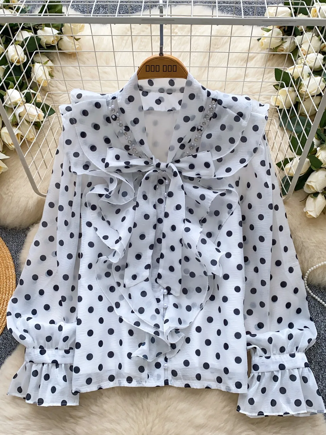 ريترو كورت Sle الثقيلة Embellied عقدة التعادل طويلة Sve البولكا نقطة بلوزة من الشيفون الكورية فضفاضة تناسب الصيف Faion