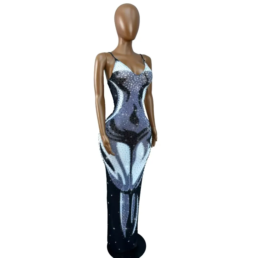 Special Designed Shining Rhinestones V-neck Suspenders Dress Women Birthday Party Celebrate Holiday Outfit Photo Shoot Gowns view 4