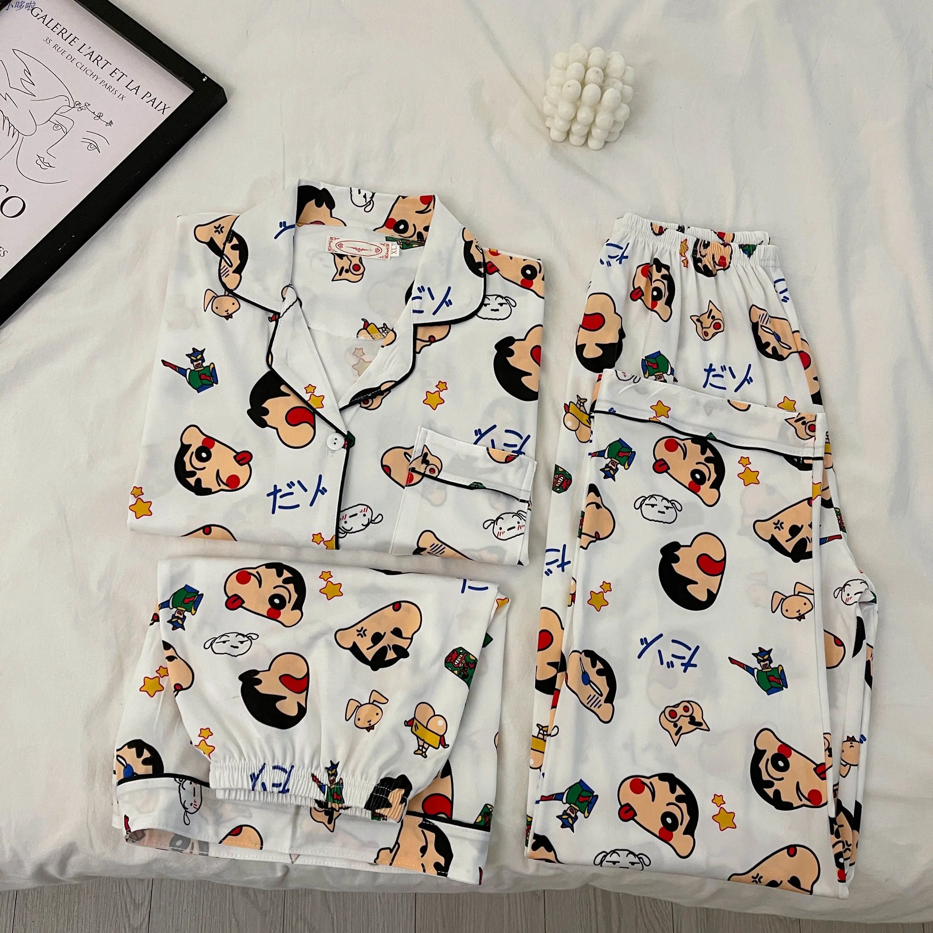 Kawaii Anime Japanese Ins Crayon Shin Chan Couple Pajamas Student Summer Short Sleeved Cotton Thin Three Piece Set Cute Cartoon