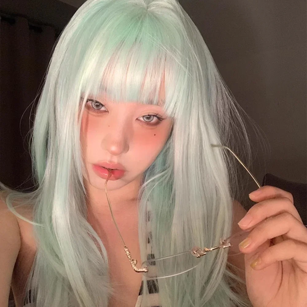 المرأة الاصطناعية النعناع الأخضر طويل مستقيم شعر مستعار رقيق لوليتا تأثيري شعر مستعار مقاوم للحرارة مع الانفجارات للحزب اليومي