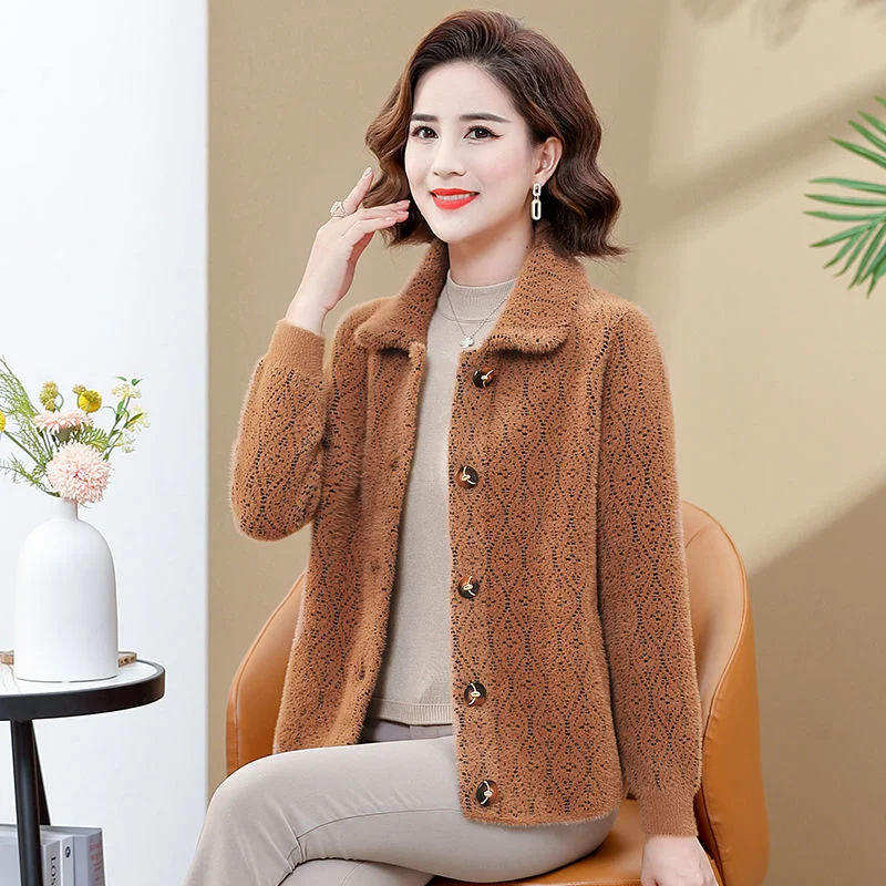 2023 New Autumn Winte Overcoat Mother Cardigan Woolen Coat Trend High-End Simple Fashionable Imitate Mink Velvet Women\'s Jacket