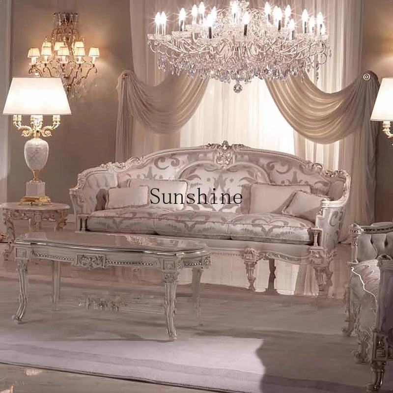 

European luxury, sofa, fabric, living room 1 + 2 + 3 combination, home, solid wood carving flower large apartment