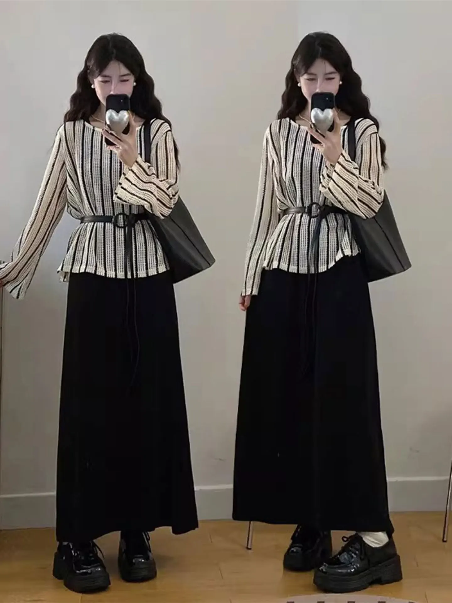 

Женский модный весенний комплект больших размеров: топ с длинным рукавом и вырезами, длинная юбка, повседневный полосатый свободный крой, комплект из двух предметов