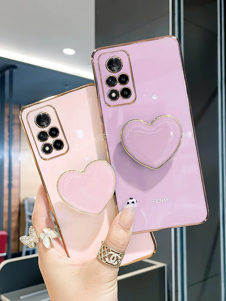 Note11 S 11pro Luxury Plating Love Heart Fold Holder Case On For Xiaomi Redmi Note 11 Pro 5g 4g 11s Girl Stand Silicone Cover