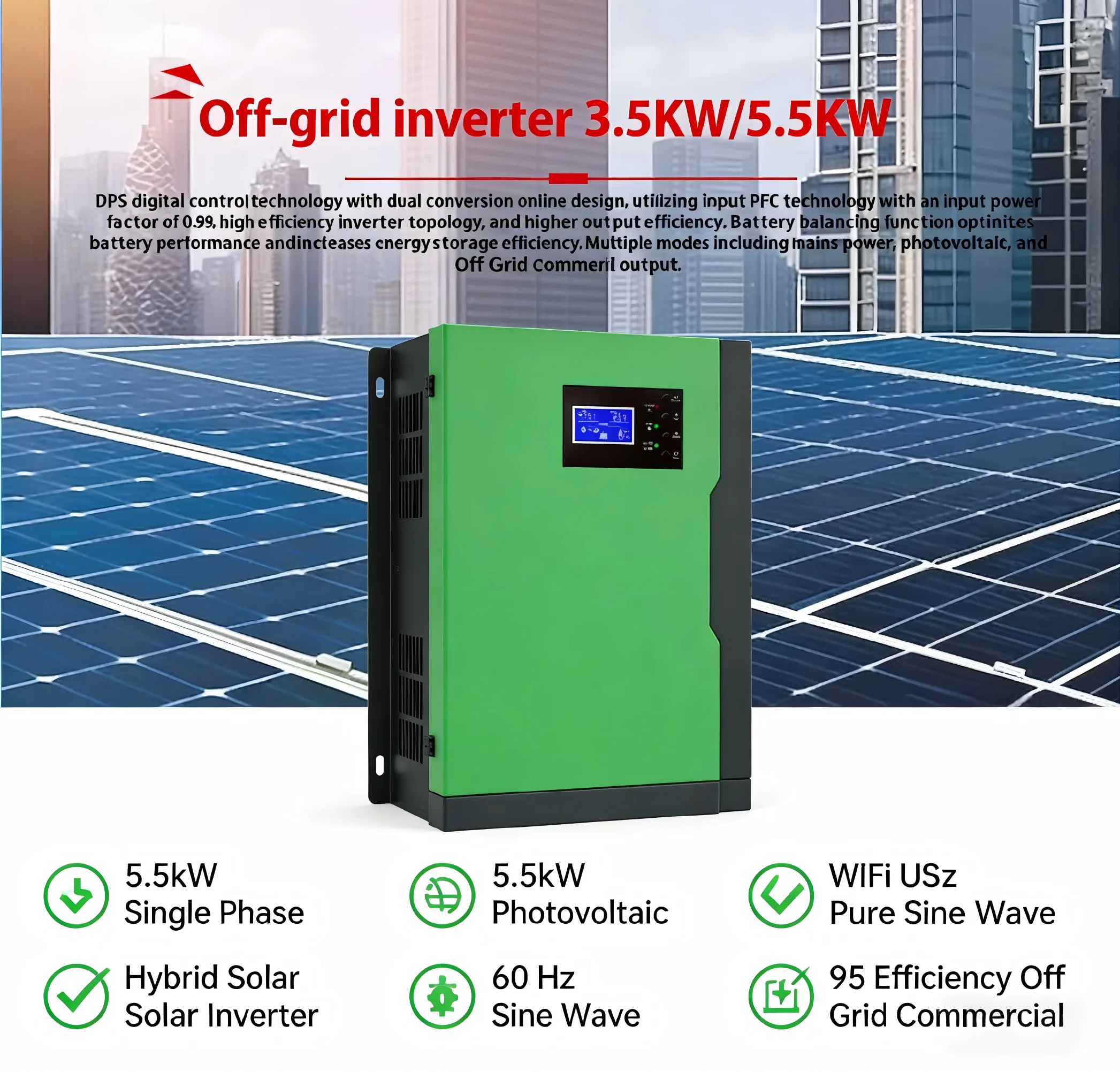 5.5kW Single Phase Hybrid Solar Inverter Photovoltaic WiFi USB 60Hz Pure Sine Wave 95 Efficiency Off Grid Commercial