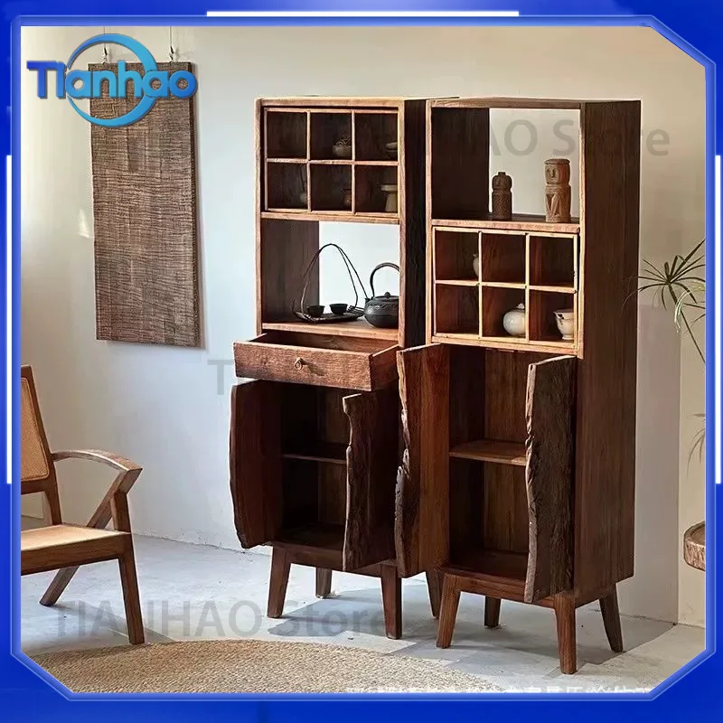 Wabi-Sabi Style Solid Wood Chinese Display Cabinet for Tea Storage and Office Use Made of Old Elm Wood