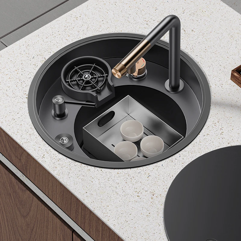 Round sink Kitchen Black bar Island counter Tea room Cup washer Single slot Invisible small round sink