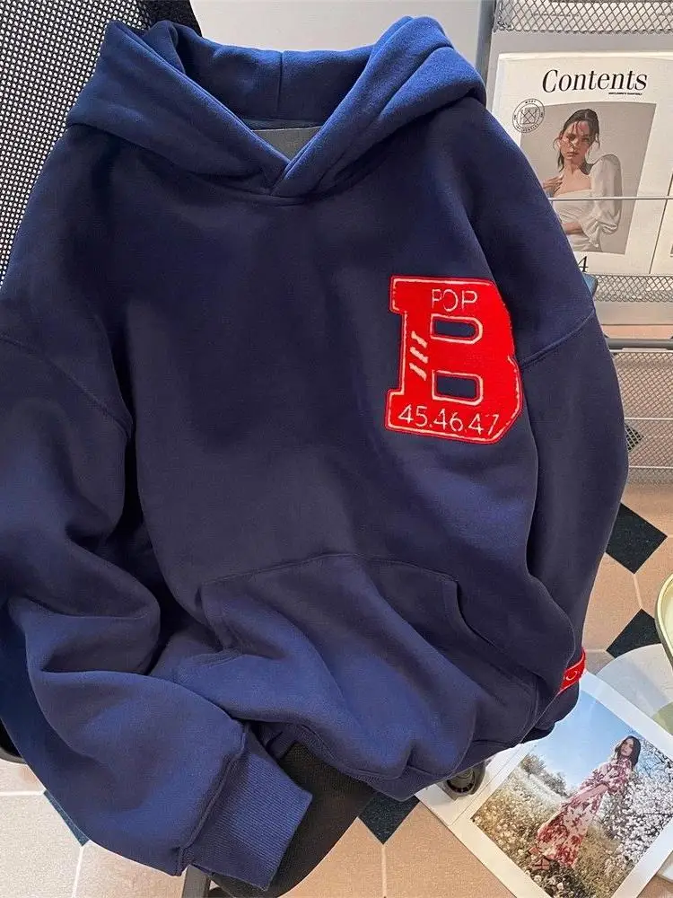 

Оверсайз худи в американском ретро-стиле с вышивкой, свободный крой, повседневный, универсальный, с длинными рукавами, уличный стиль