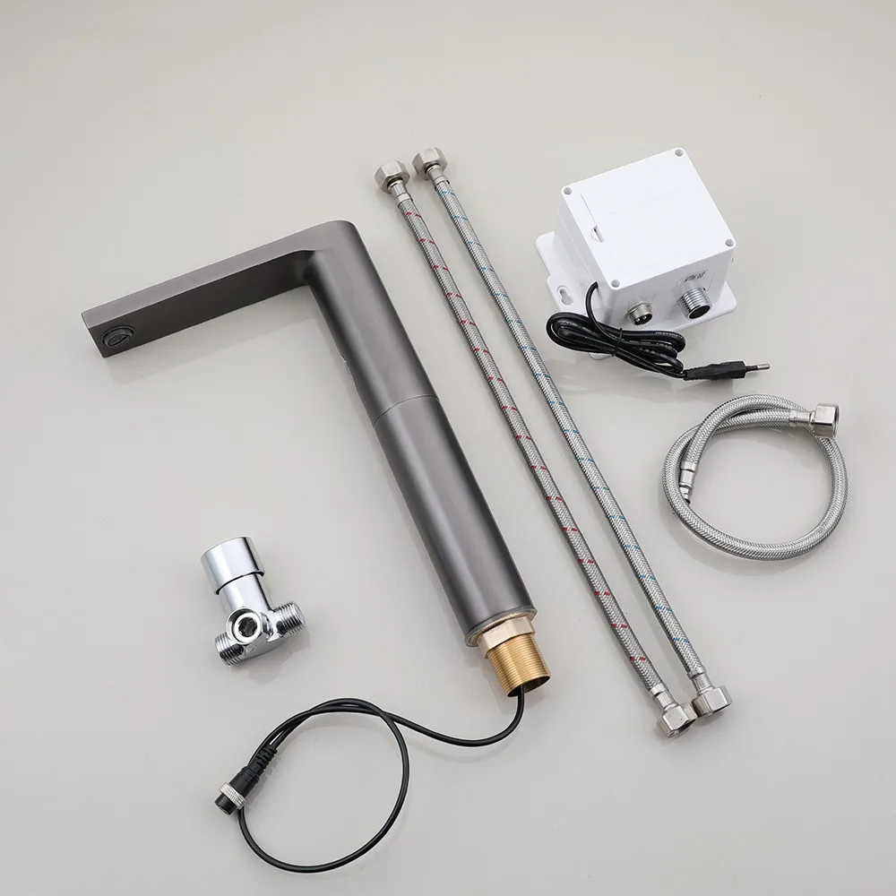 Torayvino Automatic Sensor Faucet Bathroom Basin Deck Mounted Stream Brushed Gun Grey Touch Free With Hot Cold Water Mixer Taps