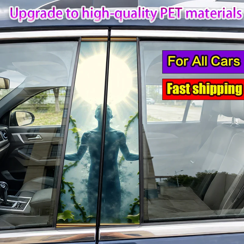 

2-Pack Car Pillar Stickers Blue Figure with Sun and Vines Vinyl Waterproof and Sunproof Protective Sticker