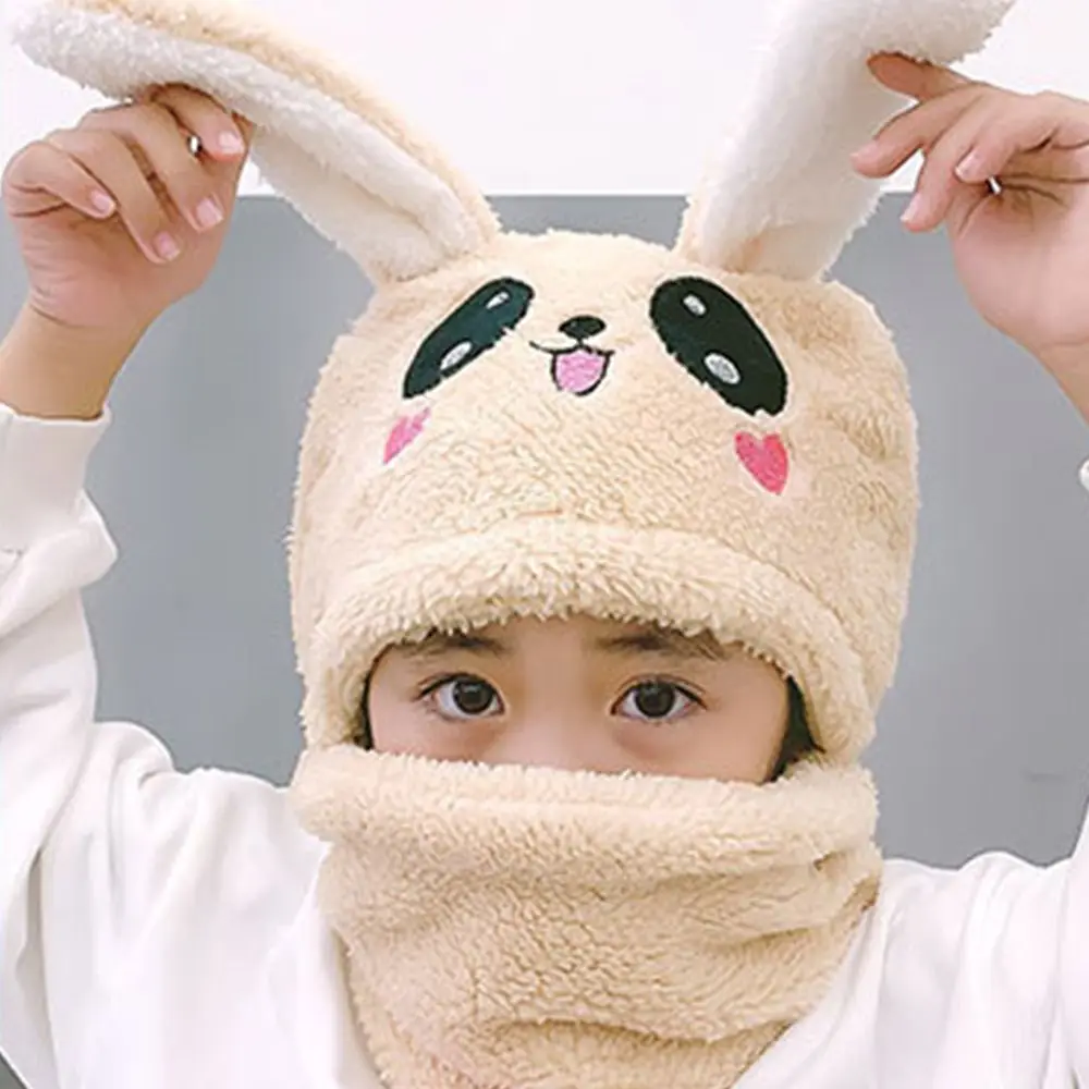 

Теплая зимняя шапка-ушанка с защитой для лица в корейском стиле, однотонная, с ушками кролика, детская, с нагрудником