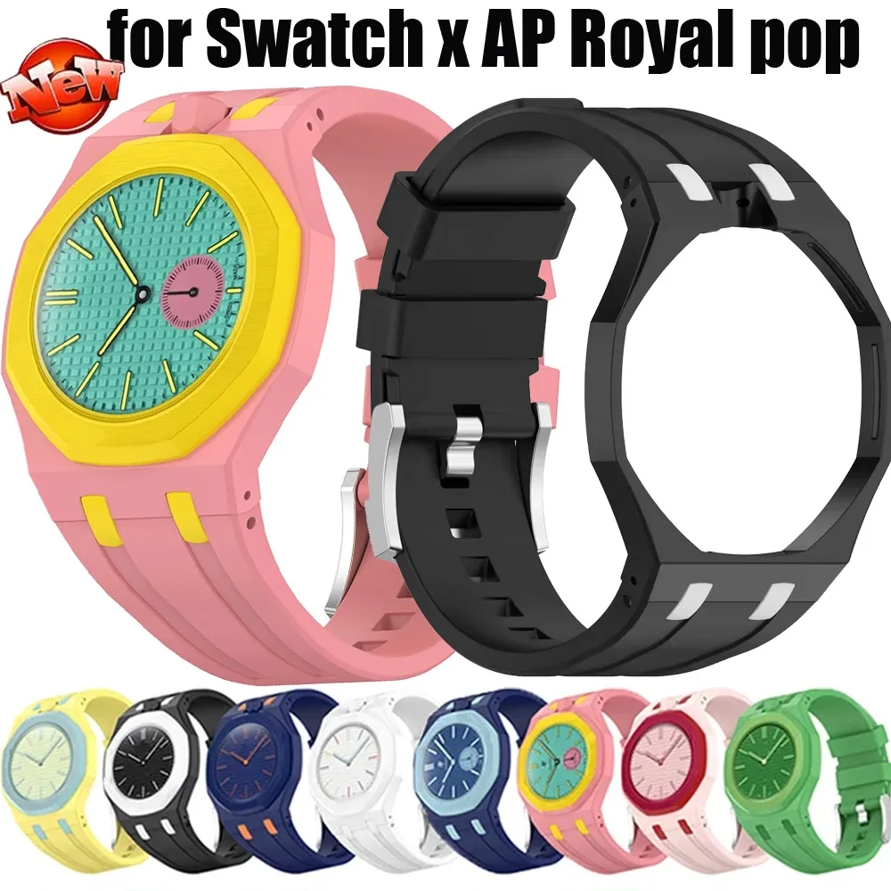 Umbau auf Armbanduhr mit Gehäuse für Swatch X AP Royal Pop Modifikation, integriertes weiches Silikon-Armband, Bumper-Band, Correa