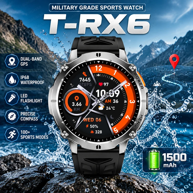 T-RX6 Dual Frequency GPS Sports Smart Watch 1500mAh battery Heart Rate Compass IP68 Waterproof Call Military Smart Watch For Men