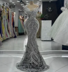Silver Gray Beaded Mermaid Formal Evening Dress with Long Tassels 3D Handwork Tassels Sequin Wedding Party Dress robe de soirée