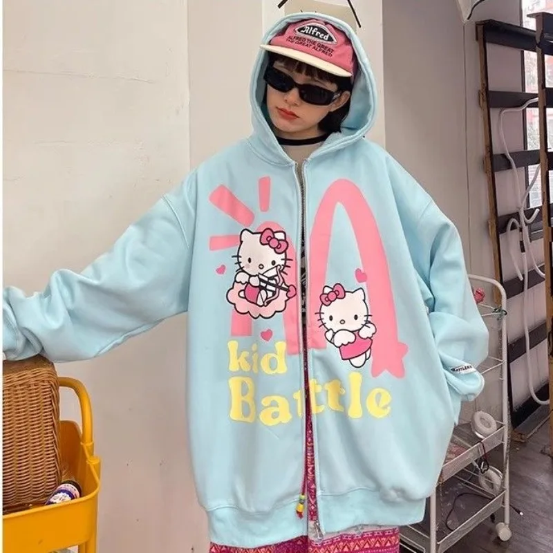 سترة بغطاء للرأس كبيرة الحجم برسوم كارتونية من القطن الخالص لعام 100% سترة نسائية للخريف والشتاء سترات نسائية فضفاضة على طراز الكلية Kpop