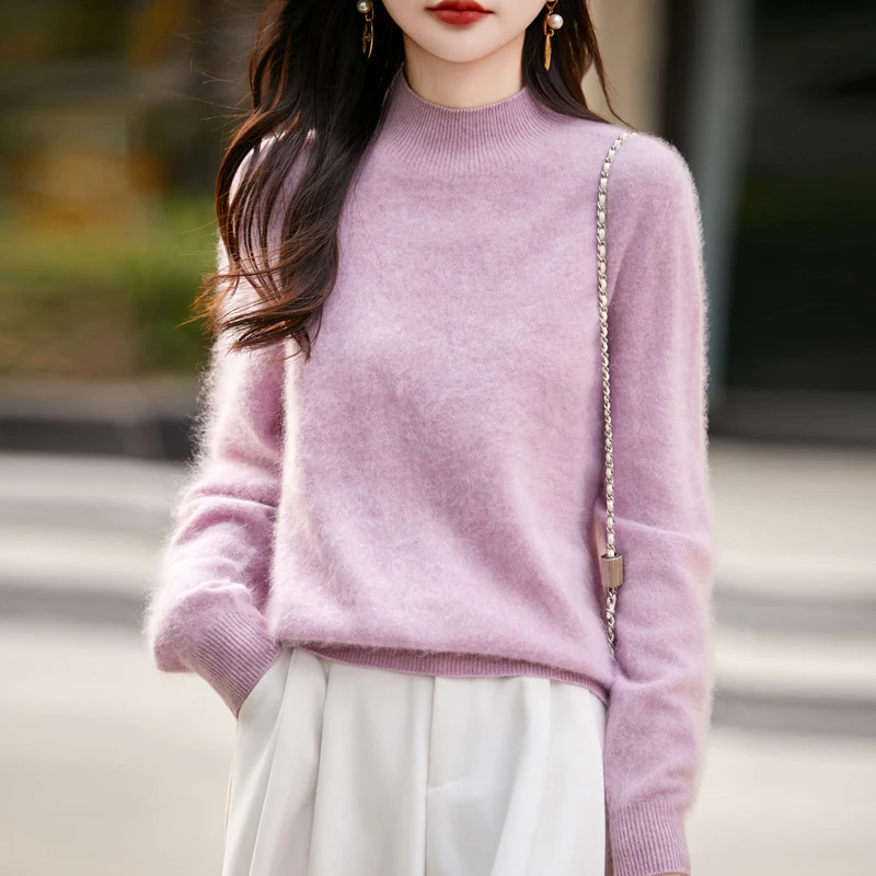 Women's seamless knitted sweater for autumn and winter, semi high neck, wool soft and warm, long sleeved, cashmere yarn, casual
