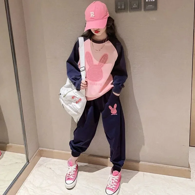 2024 Spring Autumn Girls Clothing Set Cartoon Rabbit Pattern Sports Top +Pants 2Pcs For 4-14Y Teen-agers Kids Casual Suit