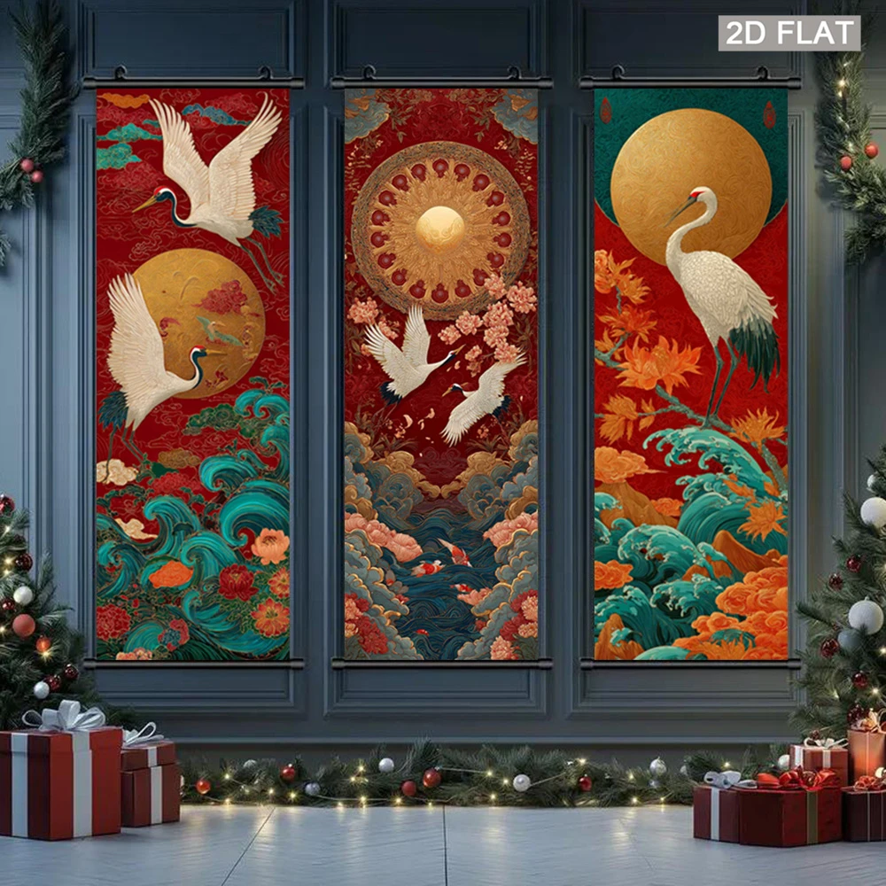 VIKAMA Traditional Pine and Crane Scroll Tapestry, Wave and Floral Poster, Vintage Crane Wall Art, Entryway Wall Decor