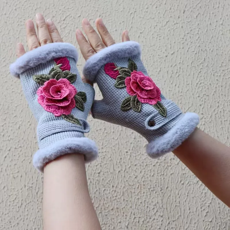 3D Floral Embroidered Fingerless Gloves Winter Autumn 2023 Half Gloves Women Elegant Evening Girlfriend WiFe Gift