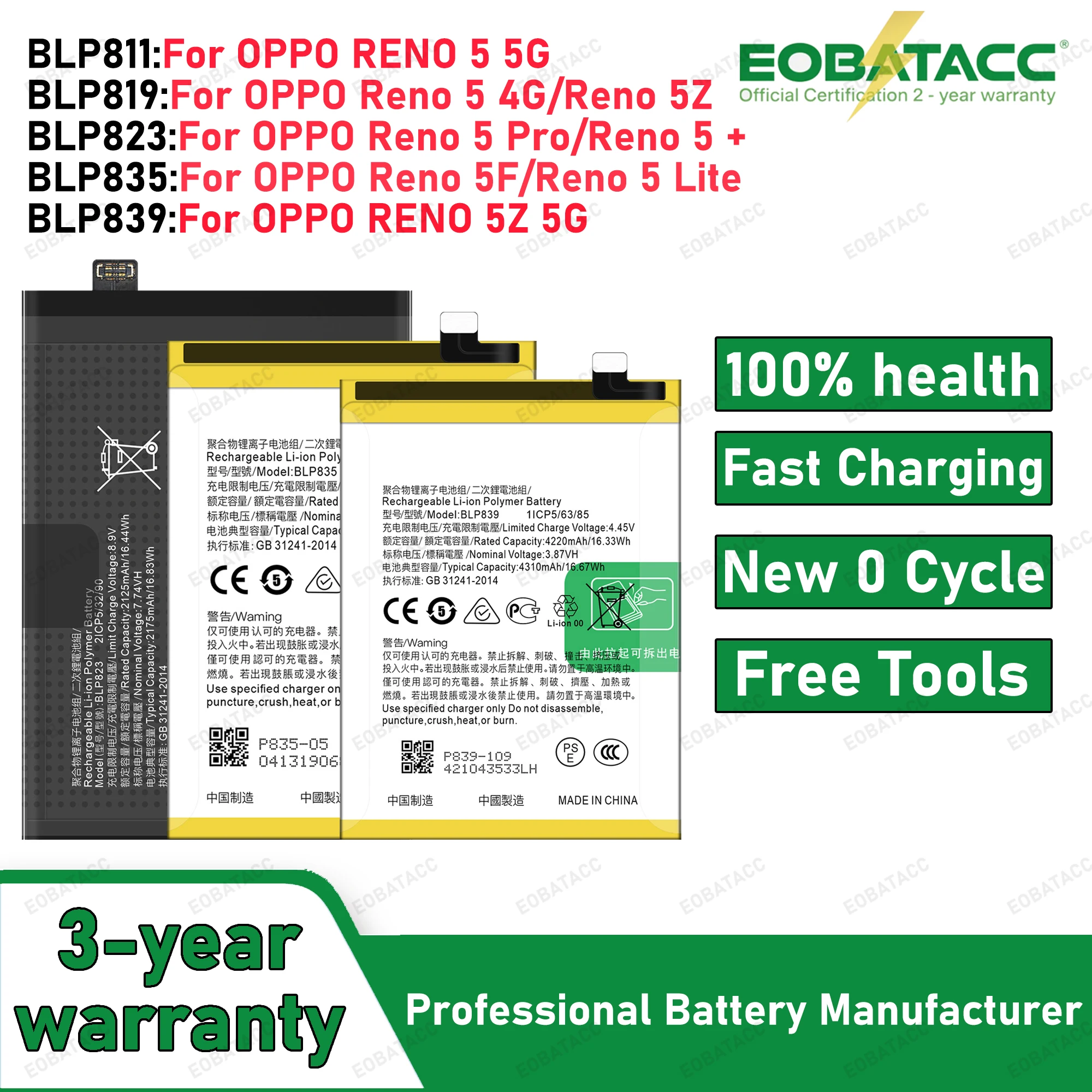2026 Years New High Quality BLP811 BLP819 BLP823 BLP835 Battery For OPPO RENO 5 5G/reno5 4G/RENO5 pro/Reno 5F/Reno 5Z 5G Bateria