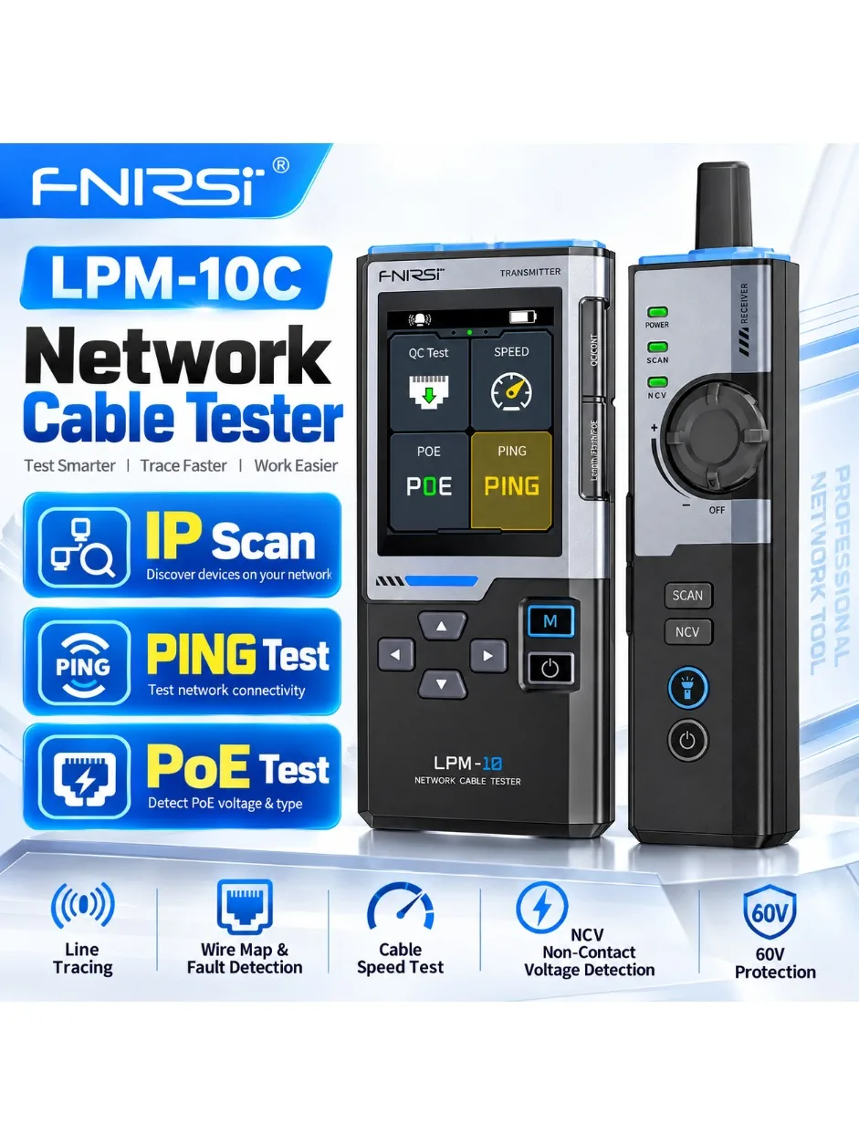 FNIRSI LPM-10C/LPM-10A – tester kabli LAN Ethernet, lokalizator przewodów, skaner IP, tester PING, tester PoE, tester RJ45, pomiar długości kabla, 1 Gbps, funkcja NCV. — 2