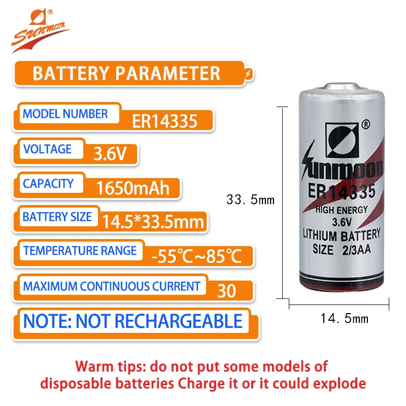 SUNMOON ER14335 Hydrogen sulfide detector alarm buoy lifejacket temperature controller 3.6V lithium battery 2/3AA