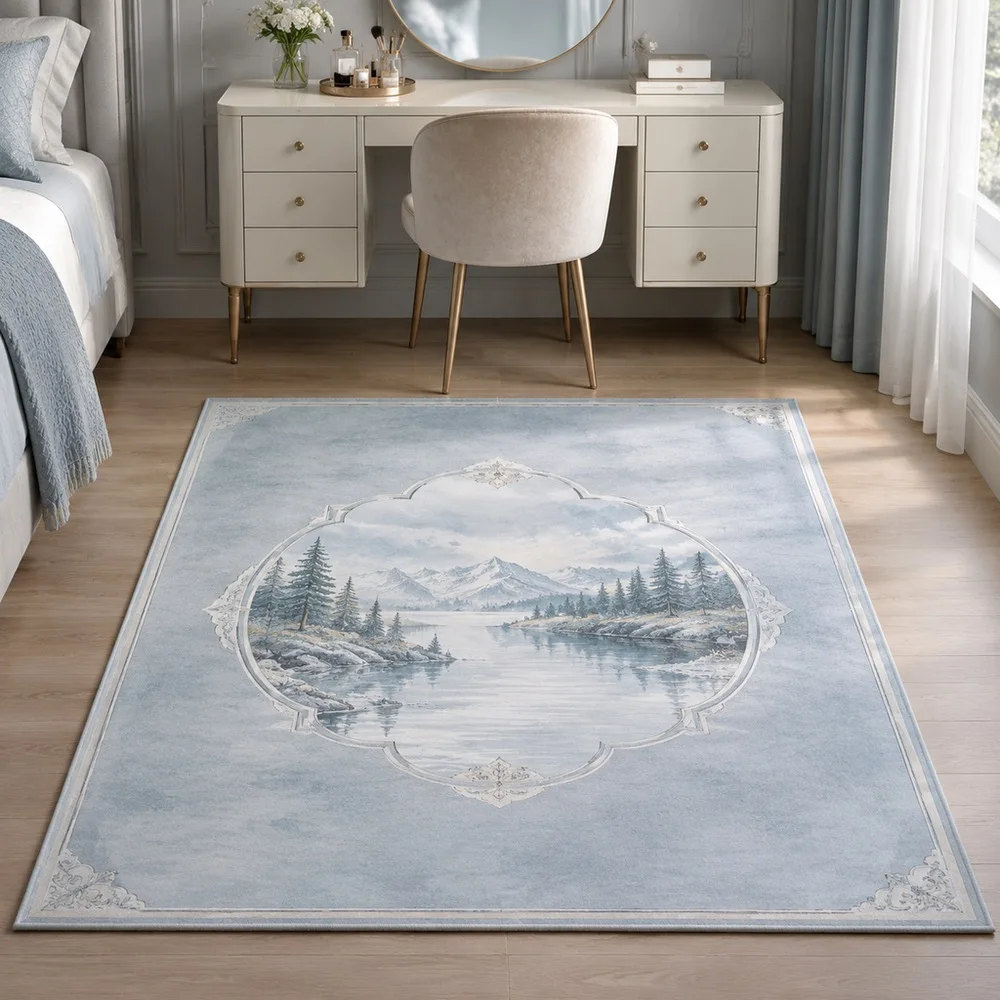 VIKAMA Door Mat Pale Blue Grey Frozen Lake Shore Luxury Washable Guest Room Sunroom Reading Nook Walk In Closet Home Decoration