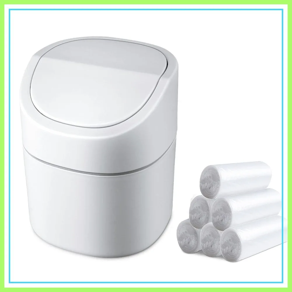 

Mini Desk Trash Can with Lid 180 Count Trash Bags Swing Lid Small Garbage Bin for Countertop Tabletop Plastic Waste Basket 2L