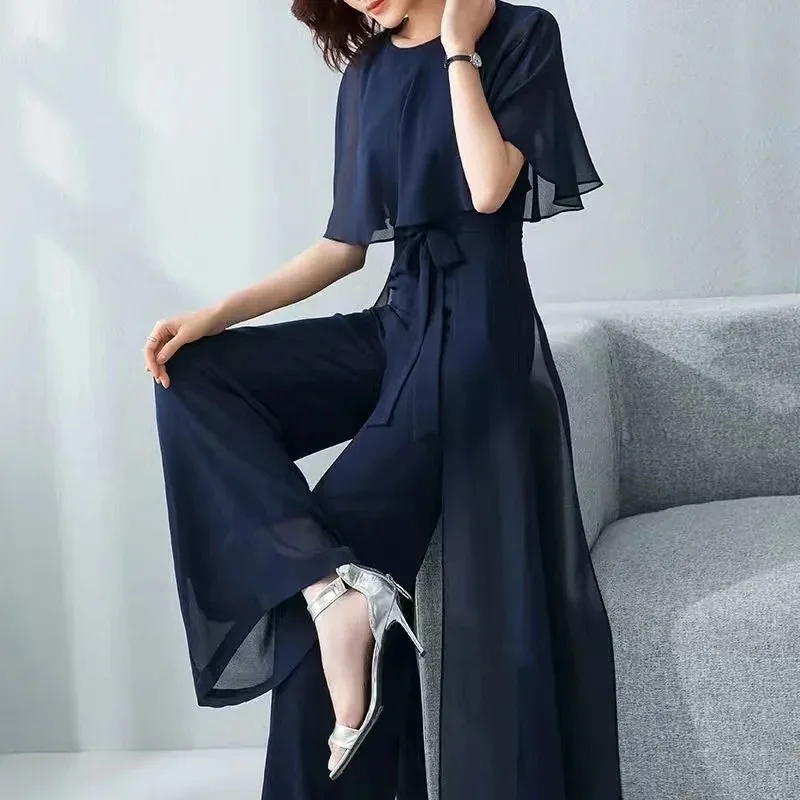 Fashionable Lotus Leaf Sleeve Chiffon Jumpsuit Women\'s Long 2024 New Wide Leg Jumpsuit Set Temperament Jumpsuit