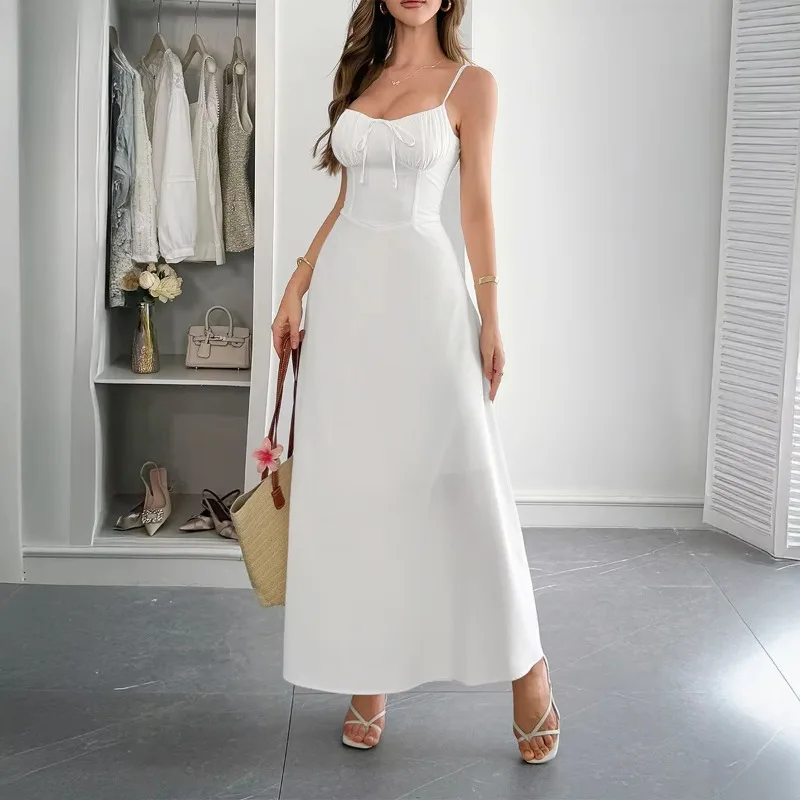 Women's Autumn Satin Slip Solid Color Maxi Dress Front Bow Tie Detail Back Lace-Up Straps Elegant Sleeveless Evening Dress