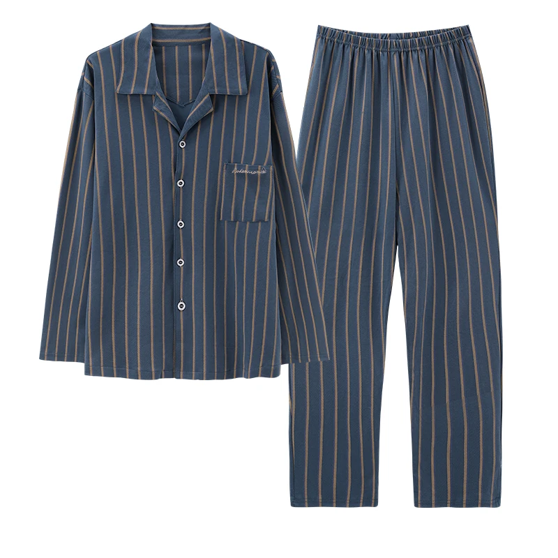 Pijama de algodón puro para hombre, cárdigan de rayas verticales, informal, a la moda, primavera y otoño, novedad