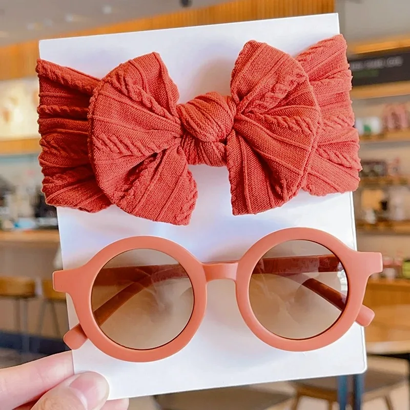 2 Teile/satz Neue Kinder Nette Farben Weiche Bowknot Breite Haarbänder Mode Runde Blume UV400 Sonnenbrille Set Kinder Haar Zubehör – Detail 11