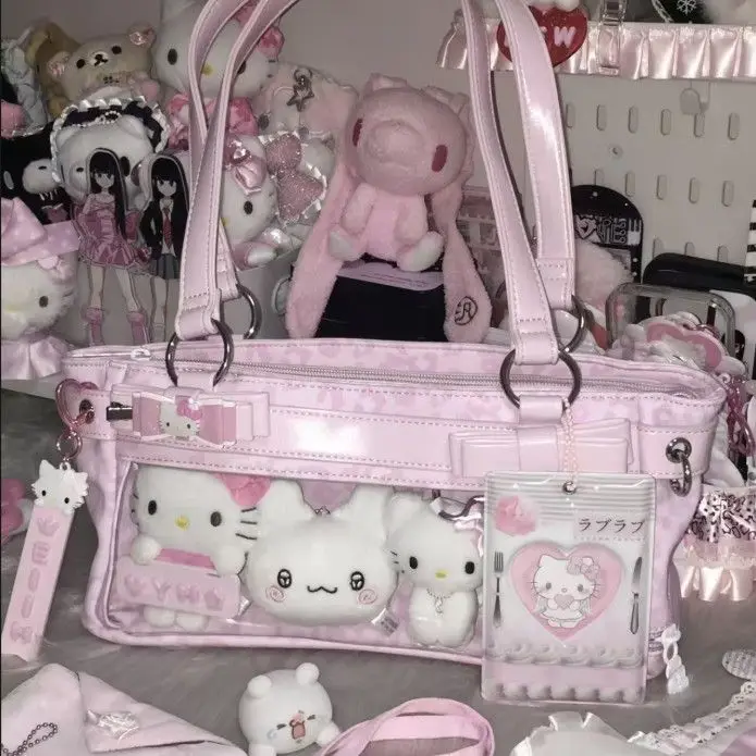 

Японская милая милая розовая большая сумка для женщин, популярная девушка с леопардовым принтом, большая вместительная сумка на плечо, женская прозрачная сумка Ita в стиле аниме 2025