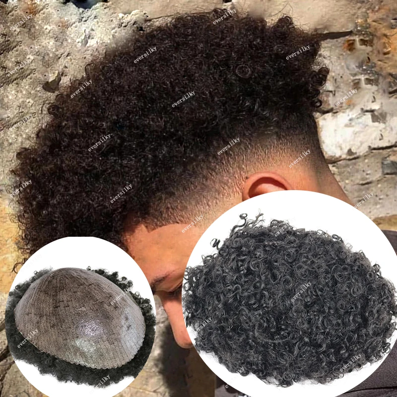 

12mm Afro Curly Black/Brown Men Toupee Super Durable Full Thin Skin Silicone Microskin Natural Frontline Human Hair Prosthesis