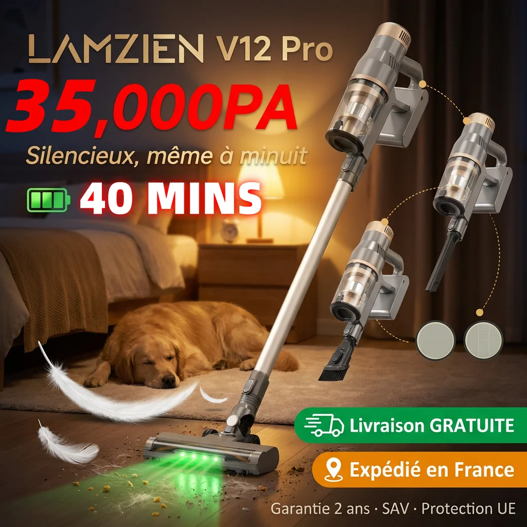 LAMZIEN V12PRO Kabelloser Staubsauger 35kPa 40Min Laufzeit Anti-Verwicklungs-Bürste Grünes LED-Licht für Tierhaare, Böden, Teppiche, Sofa