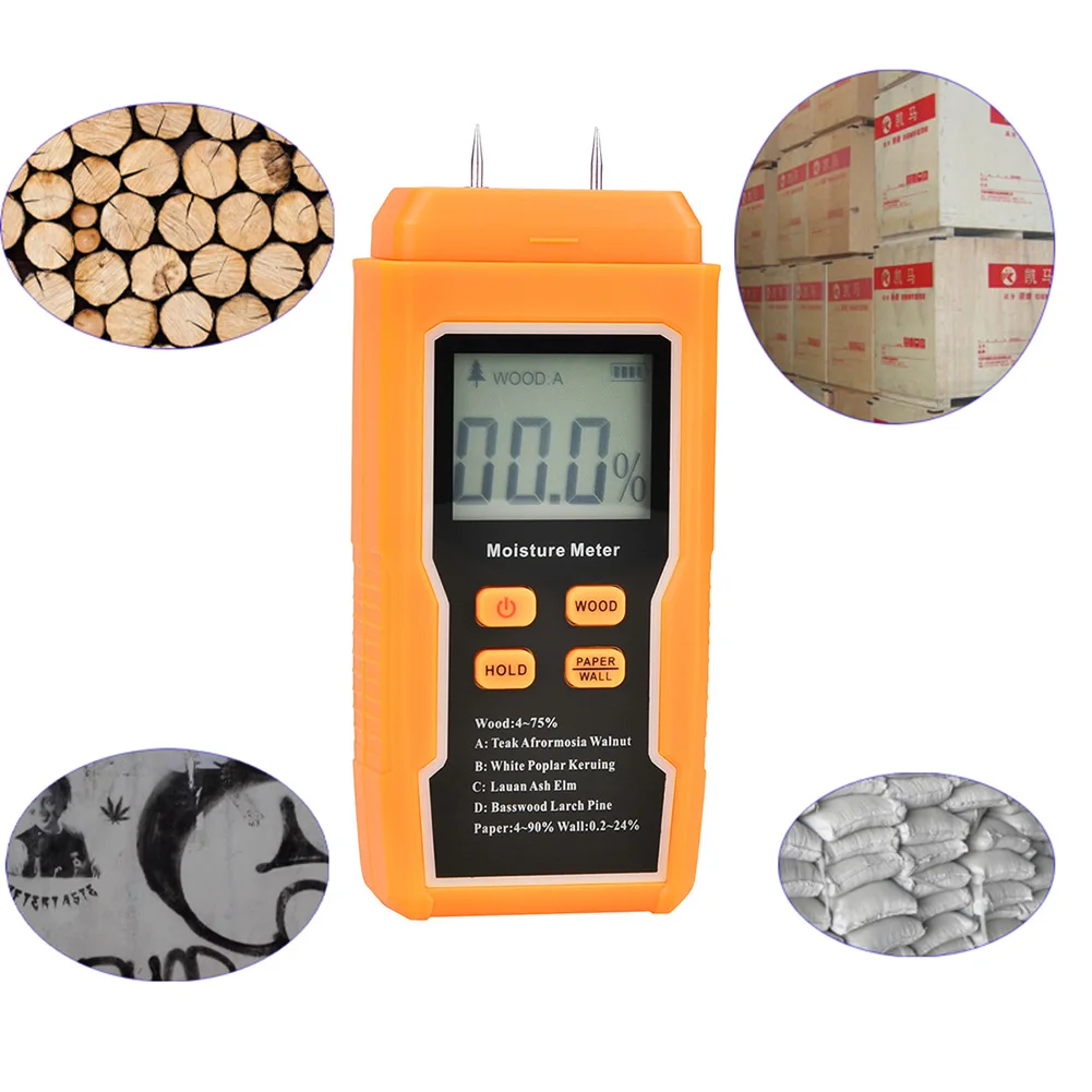 Two Pins Wood Moisture Meter with Temperature Display Digital Wall Hygrometer Timber Damp Detector for Lumber Concrete Building