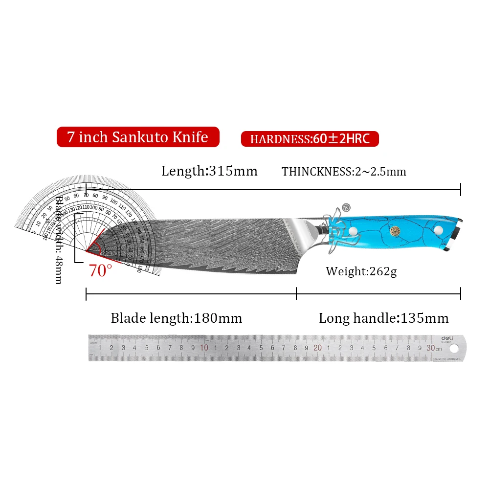 YAN Professional Damascus Steel Chef Kitchen Knife AUS-10 Core 7 Inch Japanese Santoku Knife Blue Turquoise Resin Handle