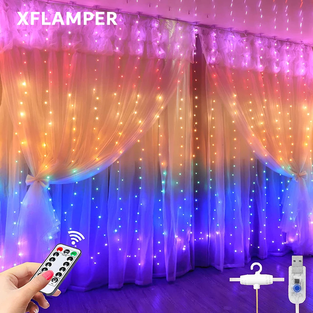 USB Rainbow Fairy Curtain Light Garland String Light with Hook Decoration for Christmas Holiday Home Party