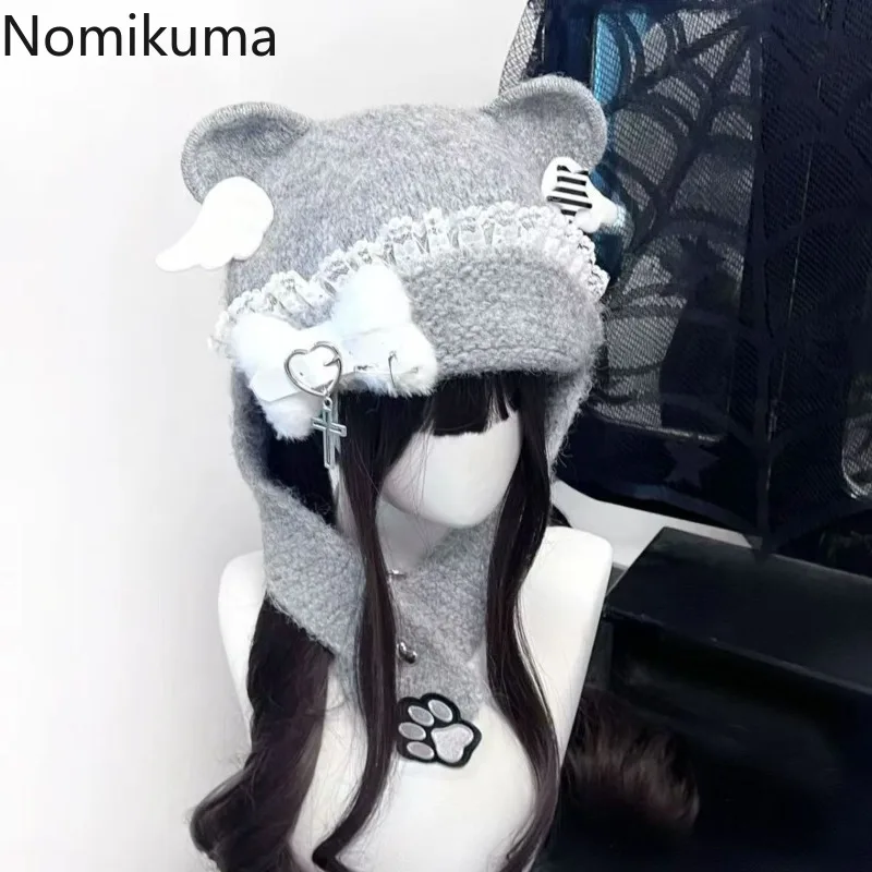 

Women Harajuku Knitted Berets Y2K Gothic Japanese Soft Girl Patchwork Lace Angel Wings Bear Ear Hat Wing Bone Boinas Para Mujer