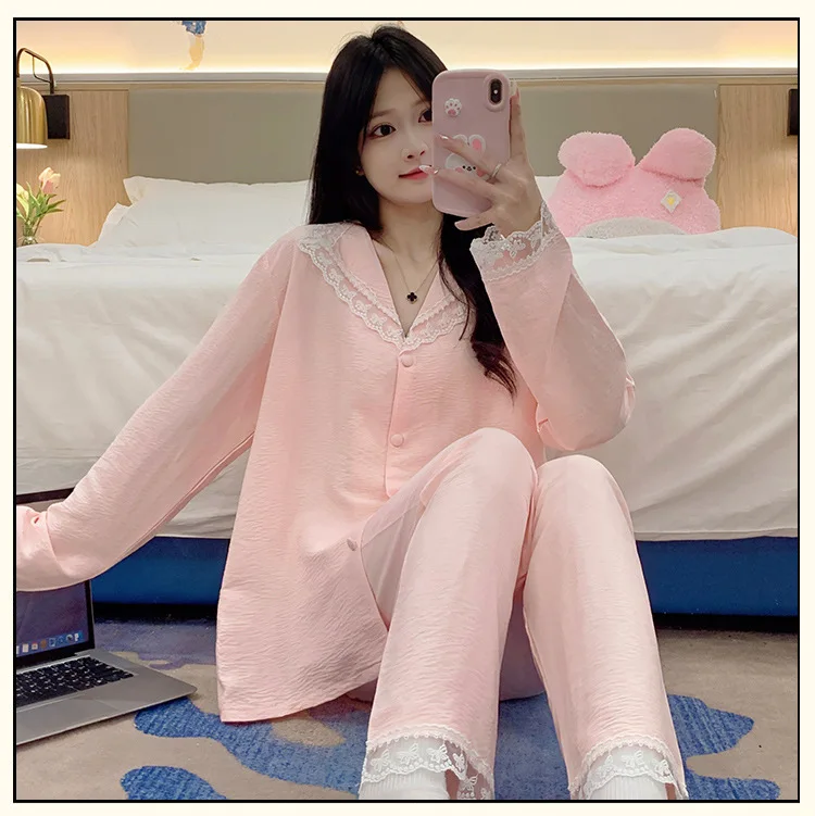 Korean Women Pajama Sets New Cotton Pijamas Female Long Sleeve Trousers 2 Piece Homewear Lace Casual Nightwear Pyjama Suit