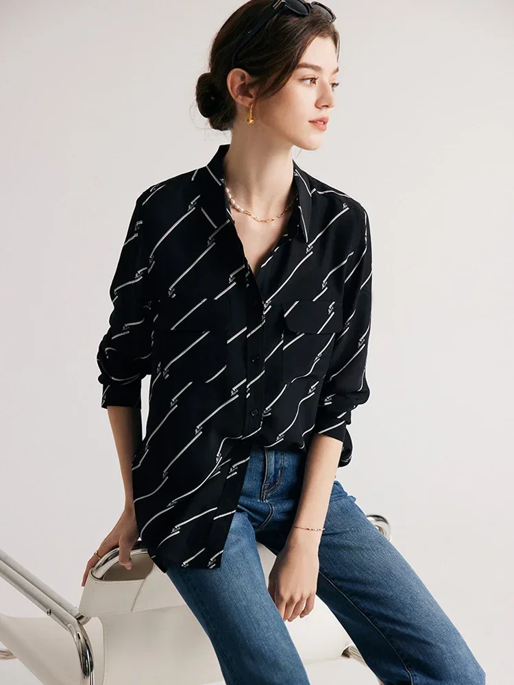 Women Stripes Shirts 100%Silk Crepe De Chine Single Breasted Black Chic Blouses 2023 Spring Summer Office Lady Top